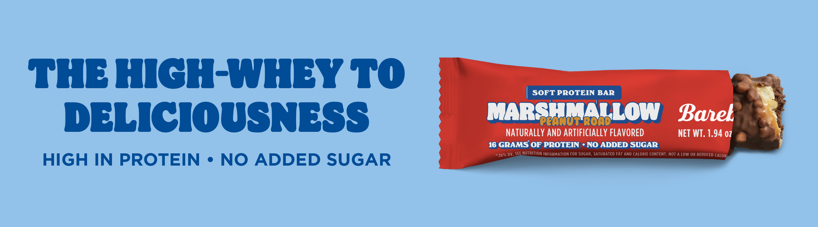 Advertisement for a high-protein, no added sugar marshmallow peanut protein bar.